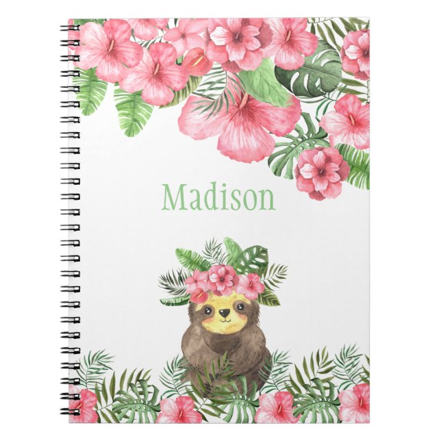 Cute Pink Floral Hawaiian Sloth Animal Name Notebook (Front)