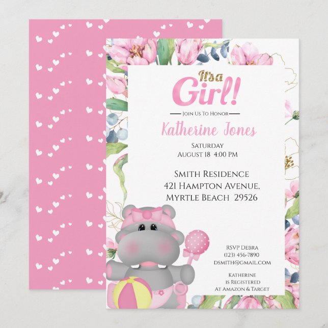Cute Pink Floral Hippo Baby Shower  Invitation (Front/Back)