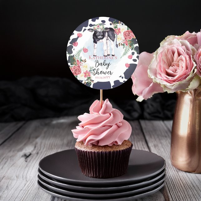 Cute Pink Floral Holy Cow Girl Baby Shower Classic Round Sticker (Cute "Holy Cow, It's A Girl!" Collection Black | White Cow Theme | Pink Floral Baby Shower Stickers)