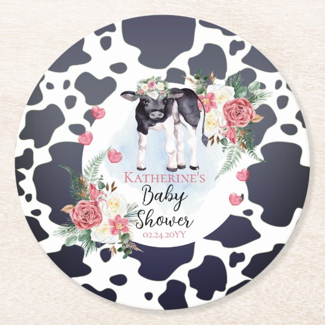 Cute Pink Floral Holy Cow Girl Baby Shower Round Paper Coaster (Front)