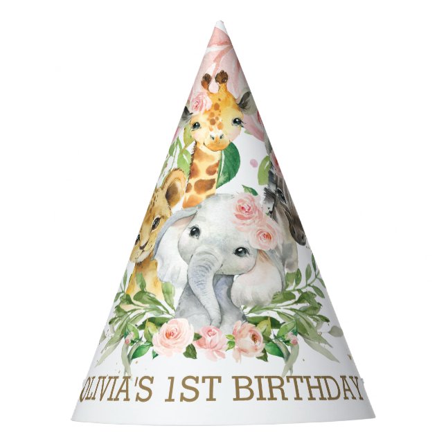 Cute Pink Floral Jungle Animals 1st Birthday Cone Party Hat (Front)