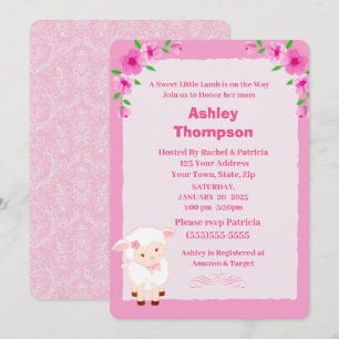 Cute Pink Floral Lamb Baby Shower Invitation