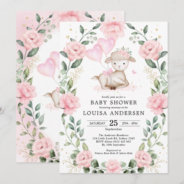 Cute Pink Floral Lamb Balloons Girl Baby Shower Invitation (Front/Back)