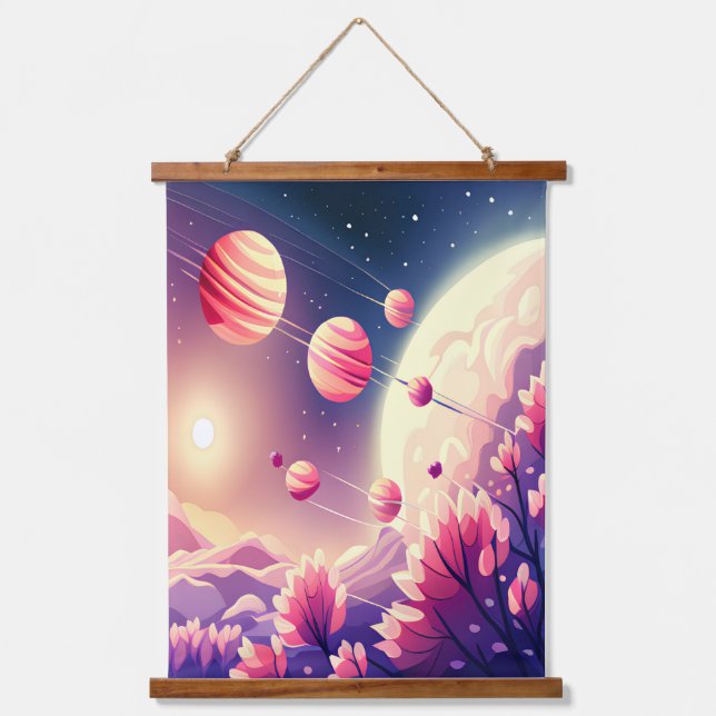 Cute Pink Floral Landscape Illustration In Space Hanging Tapestry (Front)