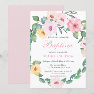 Cute Pink Floral Leaf Wreath Baptism Invite