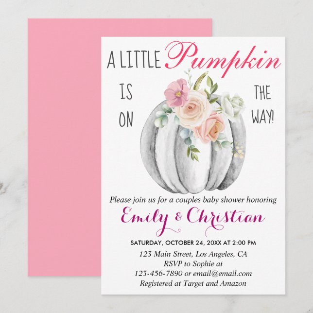 Cute Pink Floral Little Pumpkin Couple Baby Shower Invitation (Front/Back)