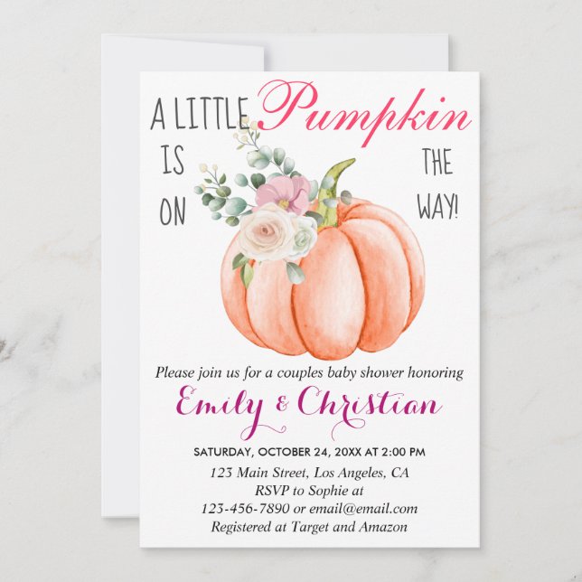 Cute Pink Floral Little Pumpkin Couple Baby Shower Invitation (Front)