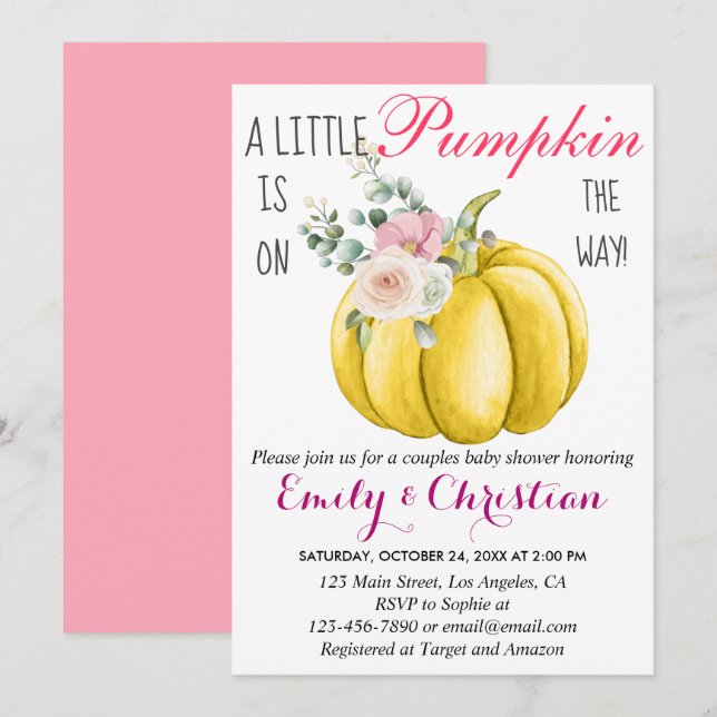 Cute Pink Floral Little Pumpkin Couple Baby Shower Invitation (Front/Back)