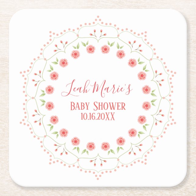 Cute Pink Floral Minimalist Calligraphy Wreath Square Paper Coaster (Front)