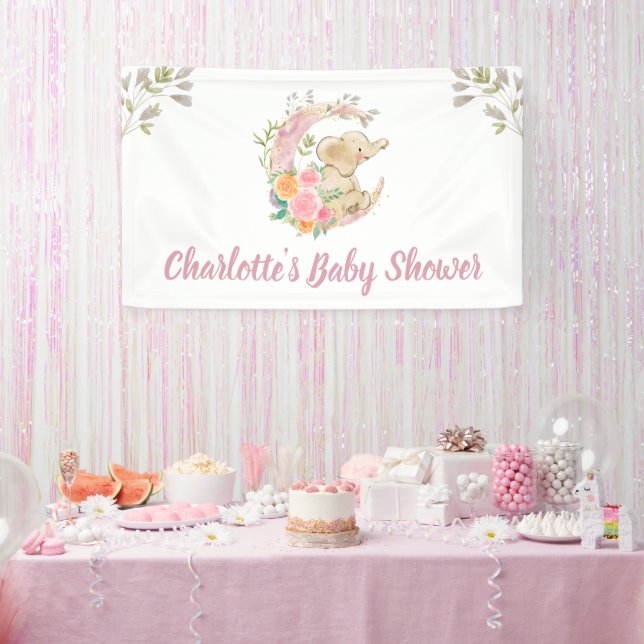 Cute Pink Floral Moon Girl Elephant Baby Shower Banner (Party)