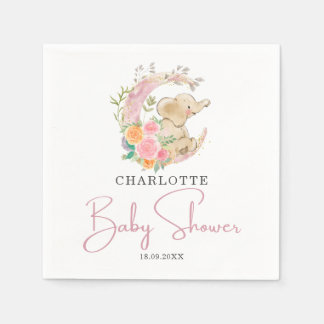 Cute Pink Floral Moon Girl Elephant Baby Shower Napkin