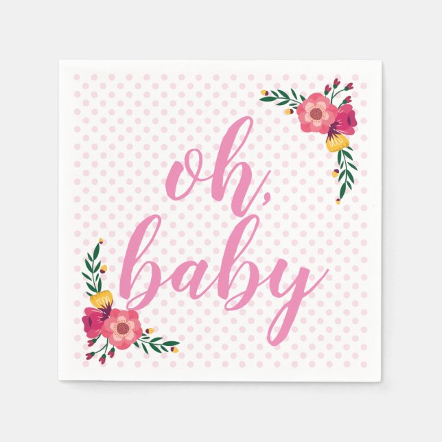 Cute Pink Floral Oh Baby Baby Shower Napkin (Front)