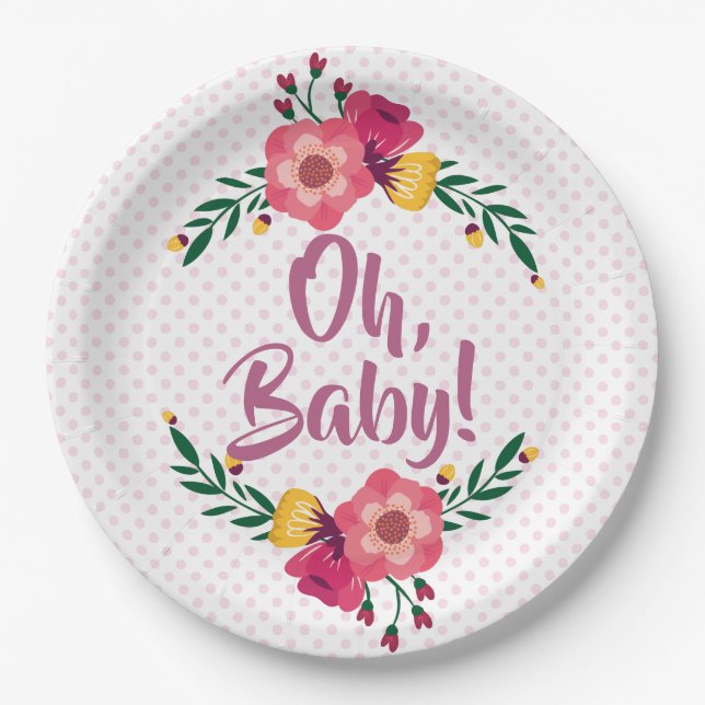 Cute Pink Floral Oh Baby Baby Shower Paper Plate (Front)