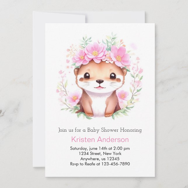 Cute Pink Floral Otter Girl Baby Shower Invitation (Front)