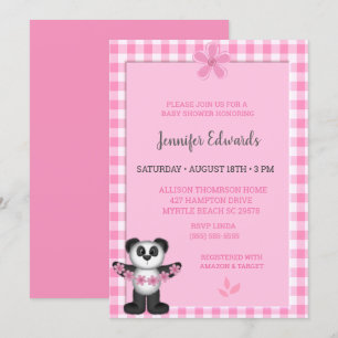  Cute Pink Floral Panda Bear Baby Shower  Invitation