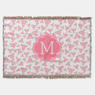 Cute Pink Floral Pattern Monogram Throw Blanket