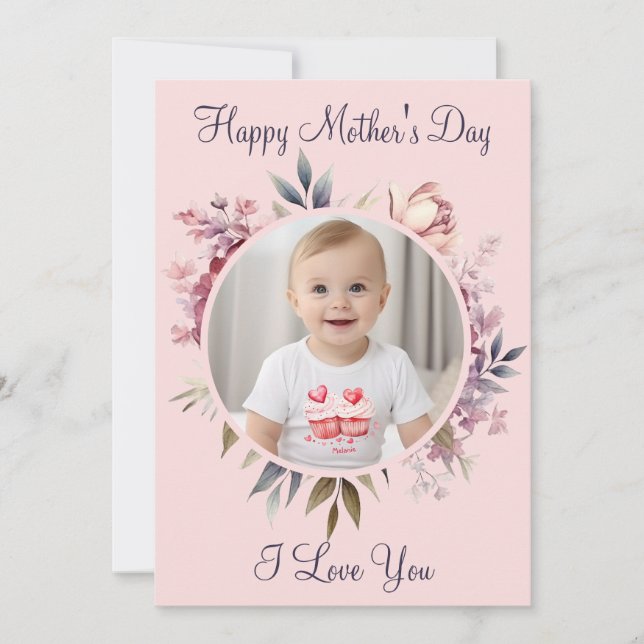 Cute Pink Floral Photo Happy Mother's Day Holiday Card (Front)
