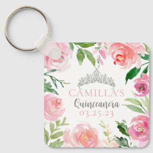 Cute Pink Floral Quinceañera Silver Tiara Custom Key Ring