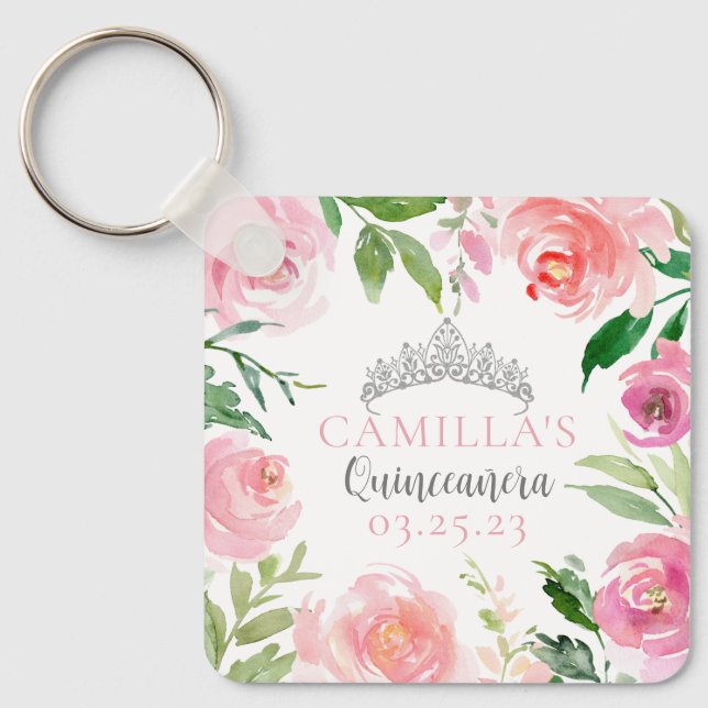 Cute Pink Floral Quinceañera Silver Tiara Custom Key Ring (Front)