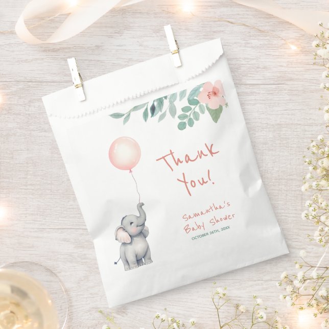 Cute Pink Floral Rose Elephant Girl Baby Shower  Favour Bags (Clipped)