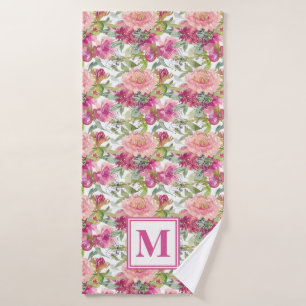 Cute Pink Floral Sage Green Leaves Monogram Bath Towel