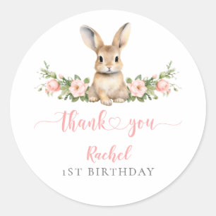 Cute Pink Floral Some Bunny 1st Birthday Thank You Classic Round Sticker