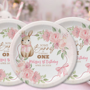 Cute Pink Floral Some Bunny Turning One Birthday Paper Plate