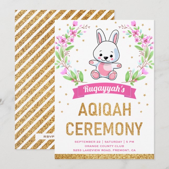 Cute Pink Floral Sweet Bunny Rabbit Aqiqah Invitation (Front/Back)