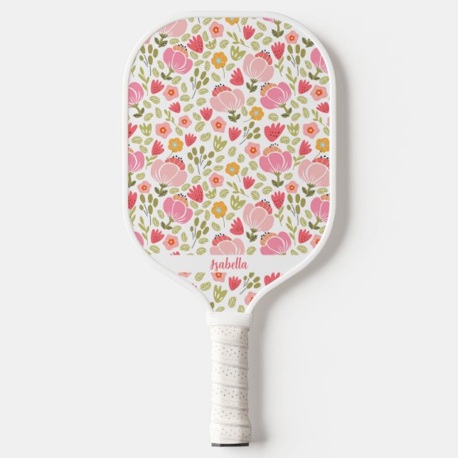 Cute Pink Floral Trendy Flowers Custom Name Pickleball Paddle (Front)