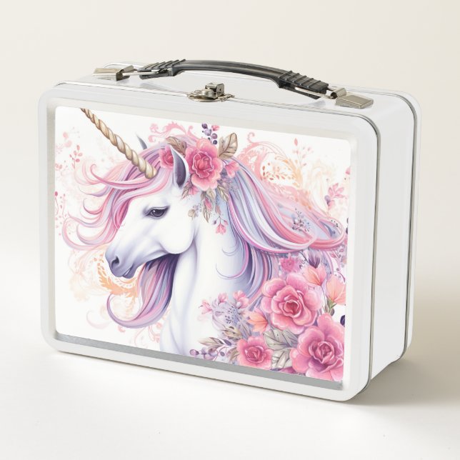Cute Pink Floral Unicorn Metal Lunch Box (Front)