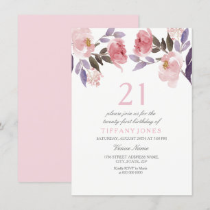 Cute Pink Floral Watercolor 21st Birthday Invite