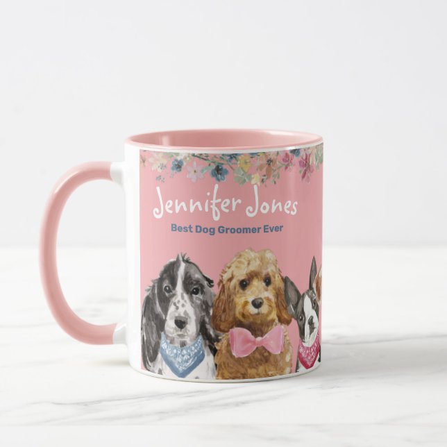 Cute Pink Floral Watercolor Best Dog Groomer Mug (Left)