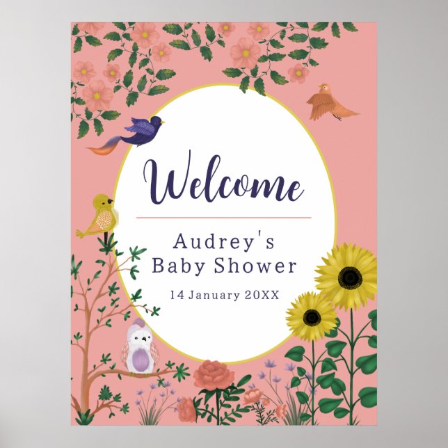 Cute Pink Floral Welcome to Baby Shower Sign (Front)