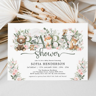 Cute Pink Floral Woodland Animals Girl Baby Shower Invitation