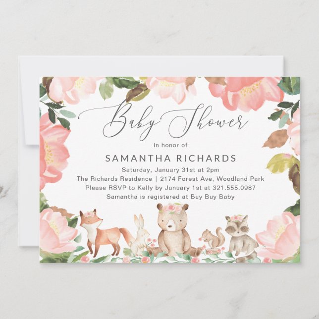 Cute Pink Floral Woodland Animals Girl Baby Shower Invitation (Front)
