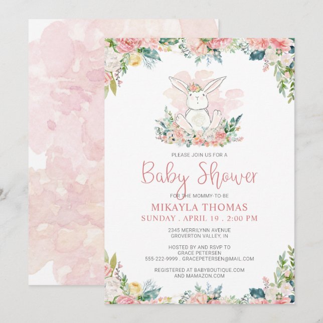Cute Pink Floral Woodland Bunny Baby Shower (Front/Back)