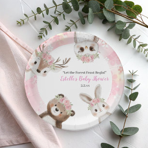 Cute Pink floral Woodland Girl Baby Shower Paper Plate