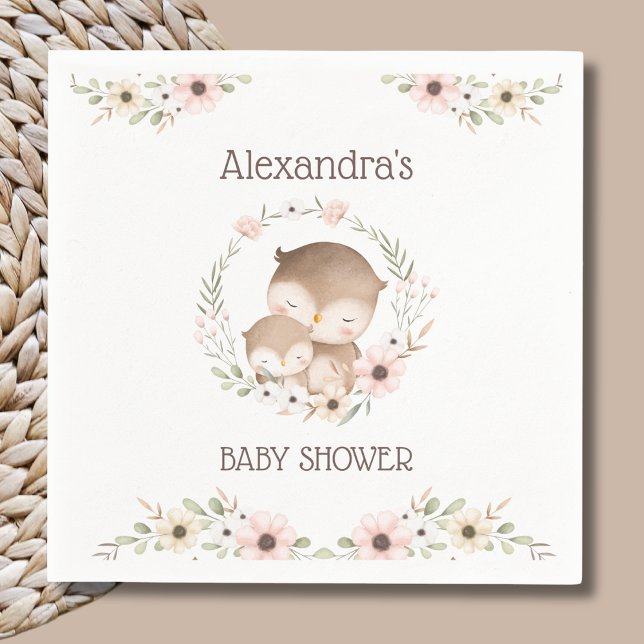 Cute Pink Floral Woodland Owl Baby Girl Shower Napkin (Creator Uploaded)