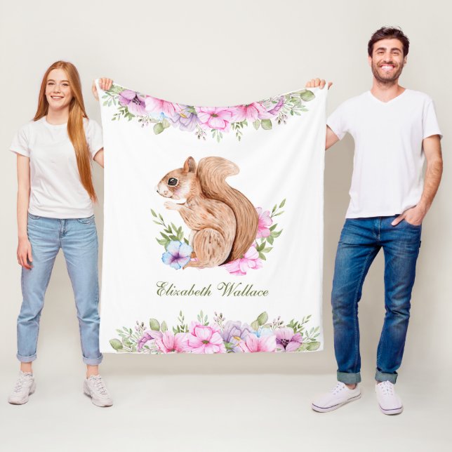Cute Pink Floral Woodland Squirrel Fleece Blanket (In Situ)