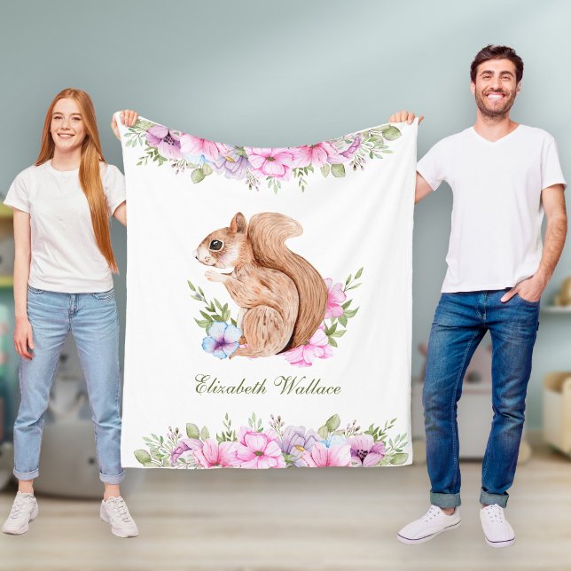 Cute Pink Floral Woodland Squirrel Fleece Blanket (Creator Uploaded)