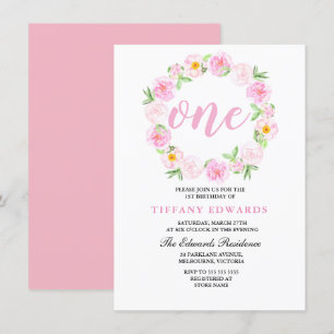 Cute Pink Floral Wreath 1st birthday Invitation