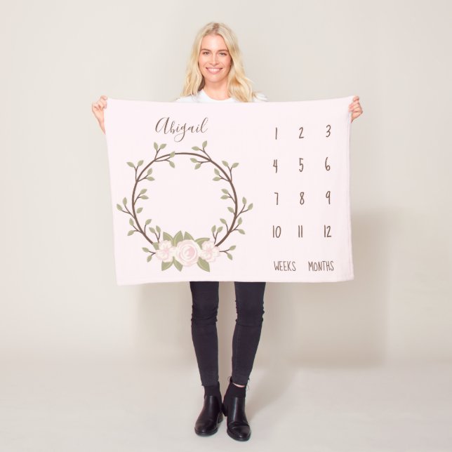 Cute Pink Floral Wreath Baby Milestone Fleece Blanket (In Situ)