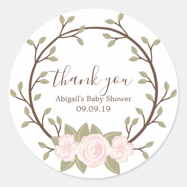 Cute Pink Floral Wreath Baby Shower Classic Round Sticker (Front)