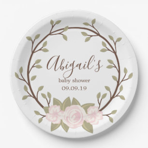 Cute Pink Floral Wreath Baby Shower Paper Plate