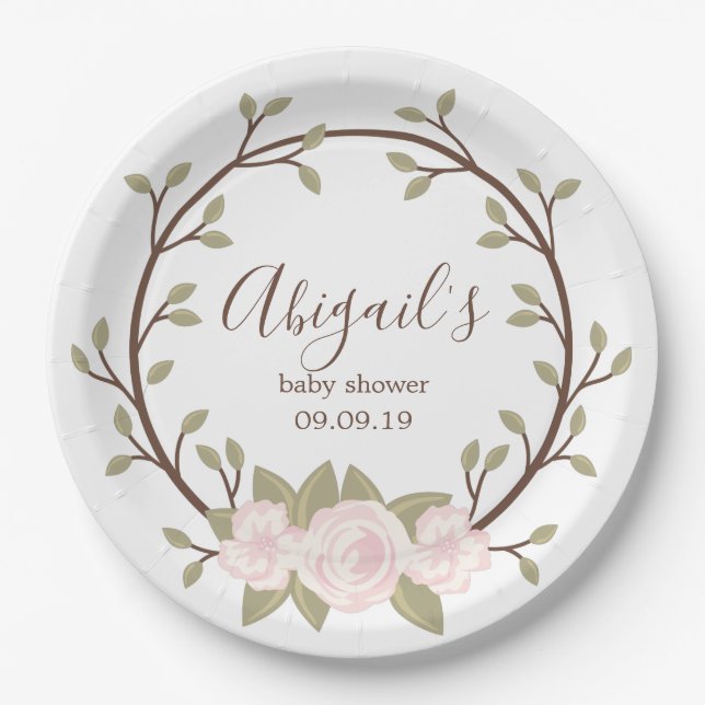 Cute Pink Floral Wreath Baby Shower Paper Plate (Front)
