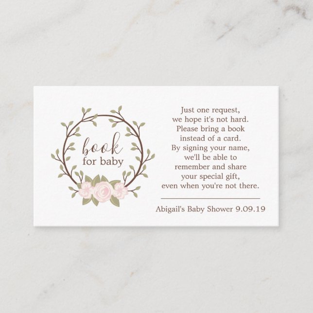 Cute Pink Floral Wreath Book Request Baby Shower Enclosure Card (Front)