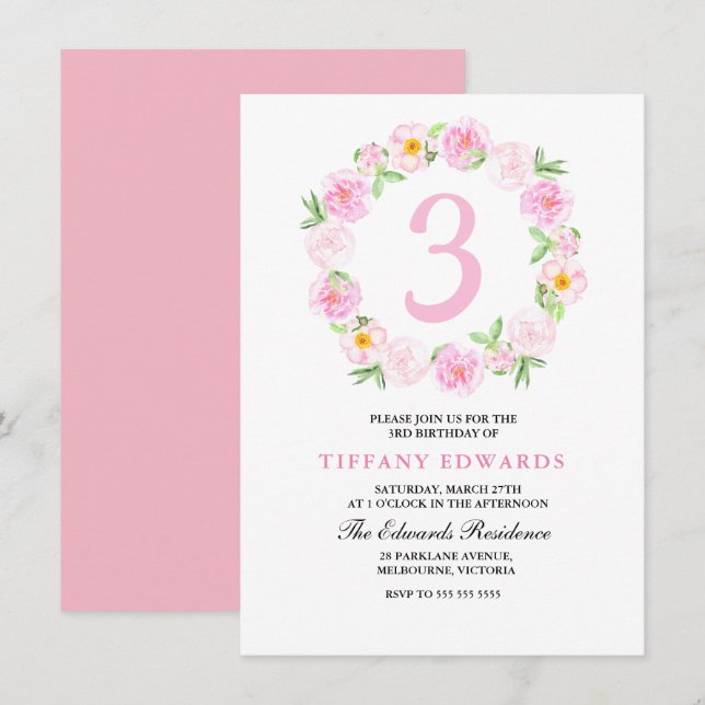 Cute Pink Floral Wreath Childrens Birthday Invite (Front/Back)