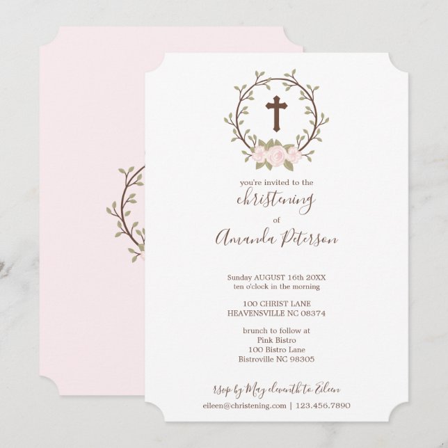 Cute Pink Floral Wreath Cross Baptism Christening Invitation (Front/Back)