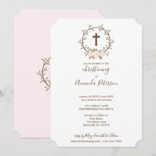 Cute Pink Floral Wreath Cross Baptism Christening Invitation