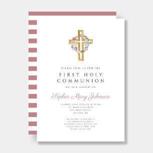 Cute Pink Floral Wreath Cross First Communion Invitation